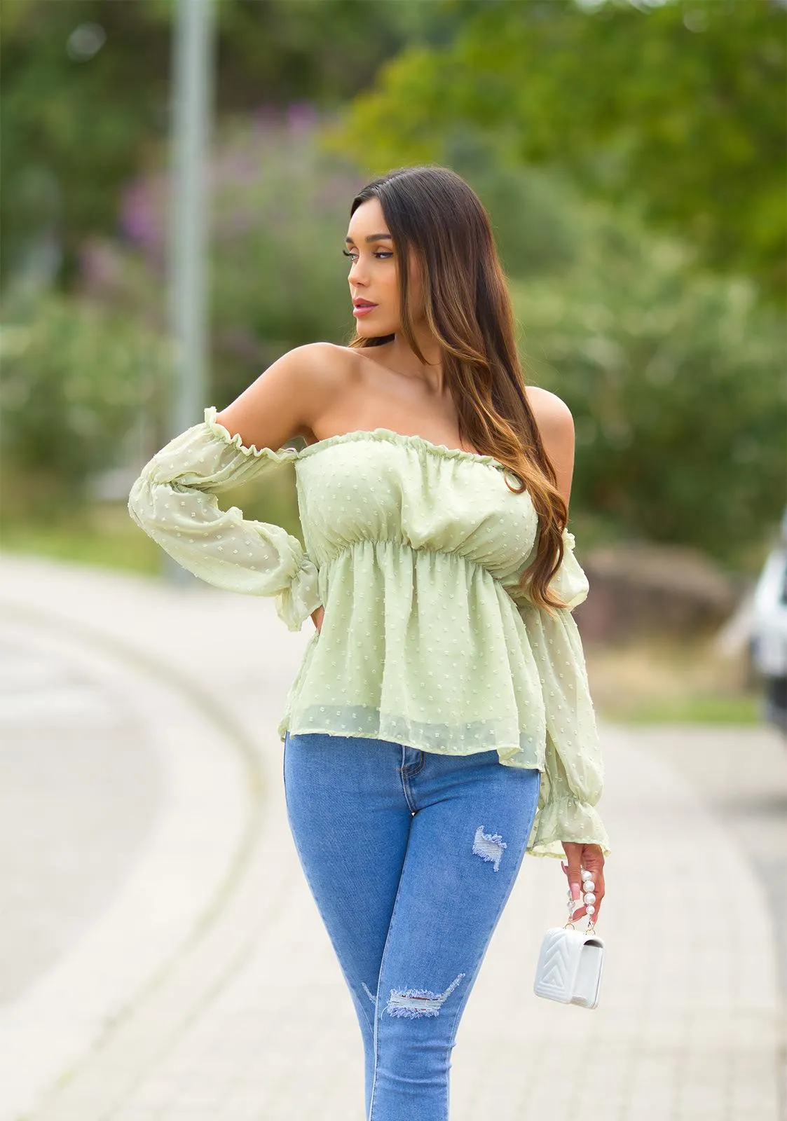Top babydoll manga larga verde