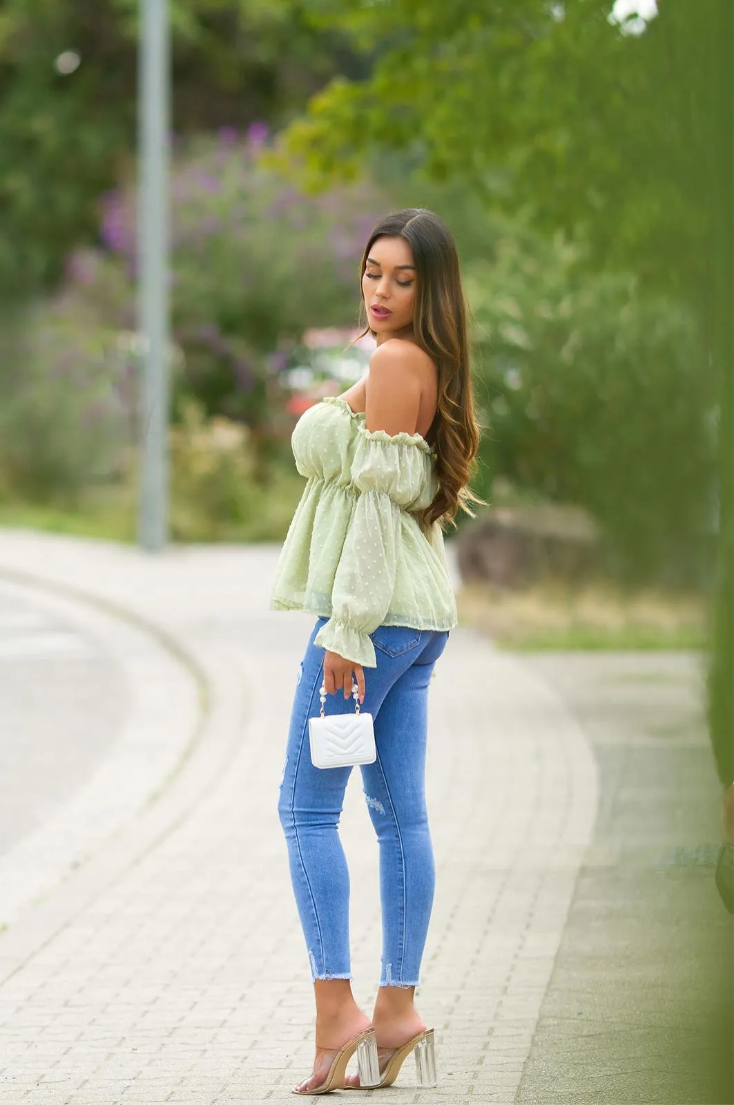 Top babydoll manga larga verde