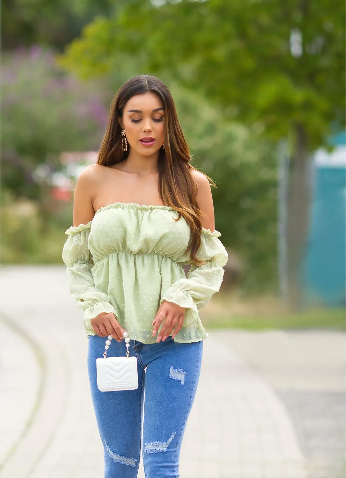 Top babydoll manga larga verde