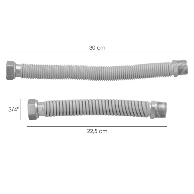 Tuberia Extensible Agua Acero Inoxidable Corrugado. Longitud de 22,5 a 30 cm. Tomas 3/4"