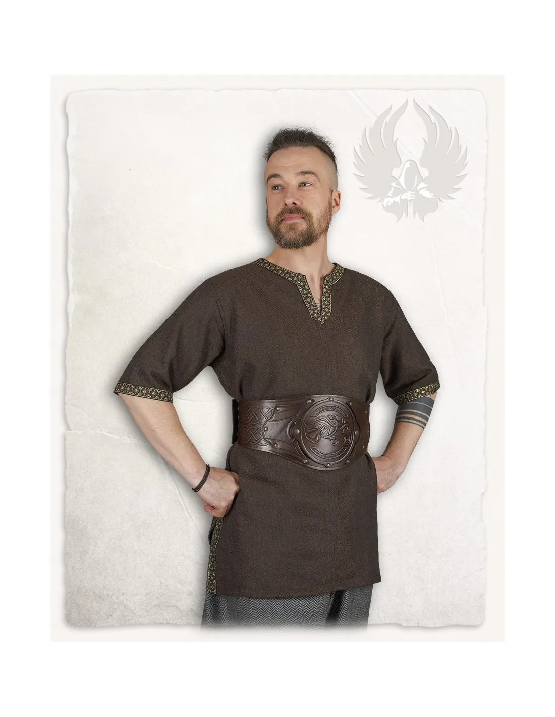 Túnica medieval patrón espina de pez modelo Sigbert, marrón