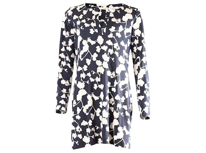 Vestido estilo túnica de manga larga con estampado de Diane Von Furstenberg en seda azul marino y blanca 