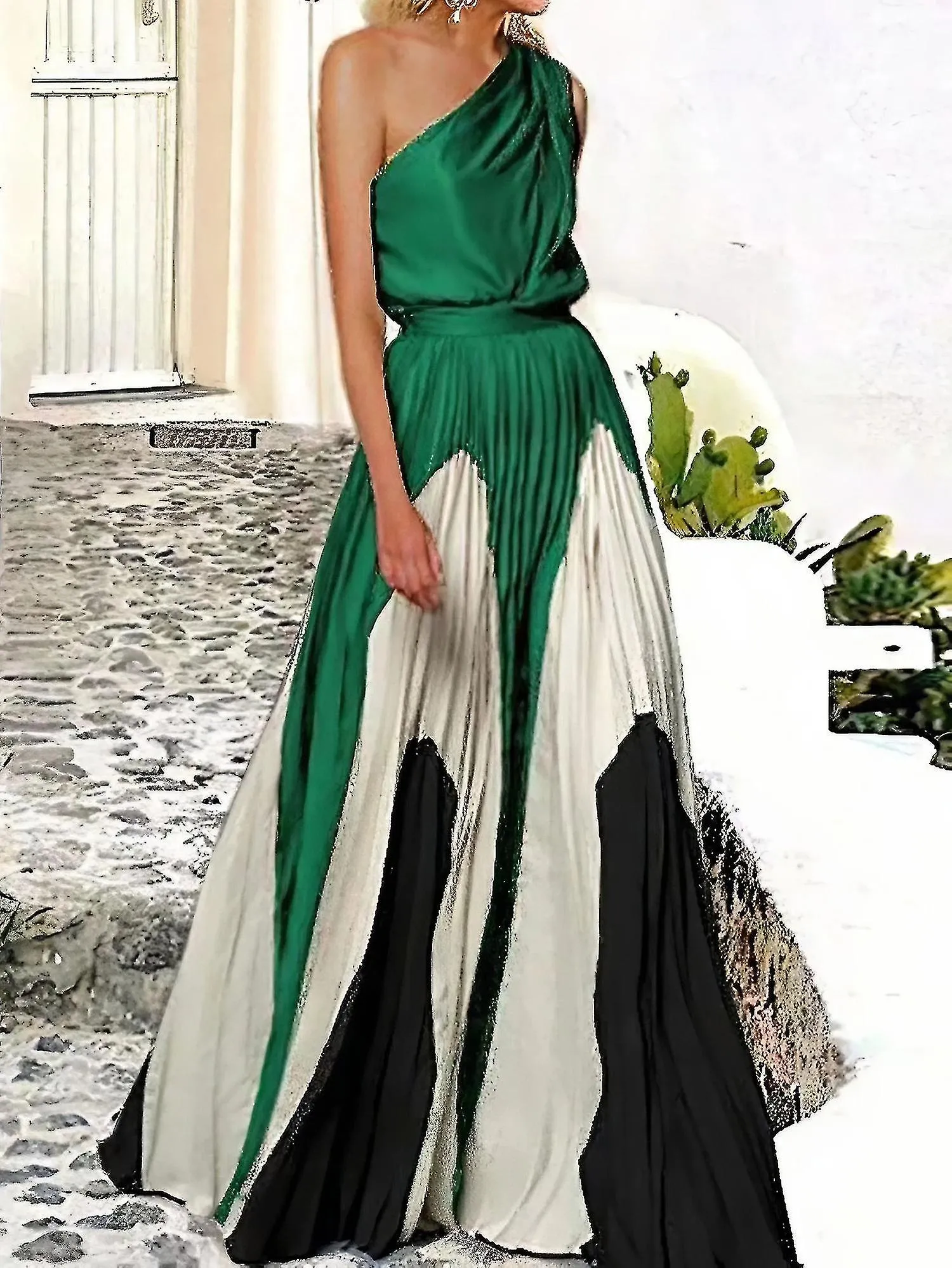 Vestido largo plisado de una línea estampado de moda para mujer sin mangas de un solo hombro Elegantes vestidos de noche de fies
