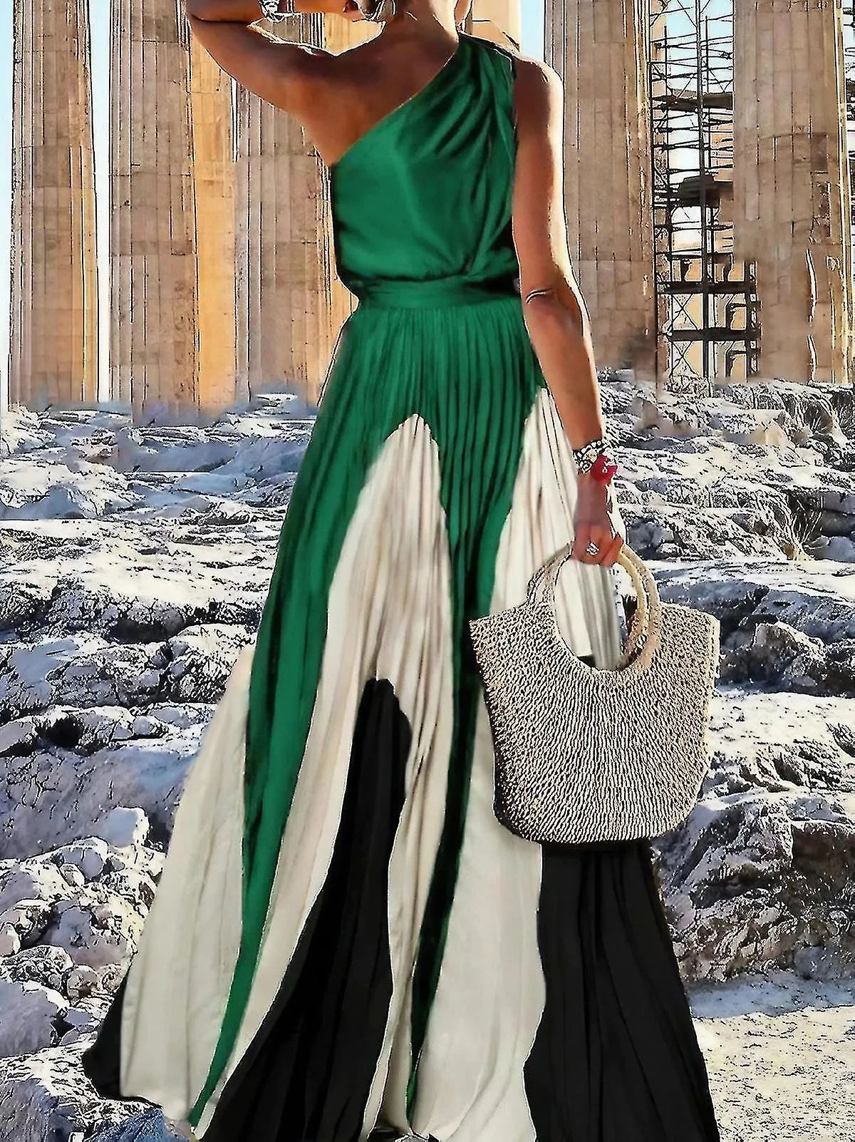 Vestido largo plisado de una línea estampado de moda para mujer sin mangas de un solo hombro Elegantes vestidos de noche de fies