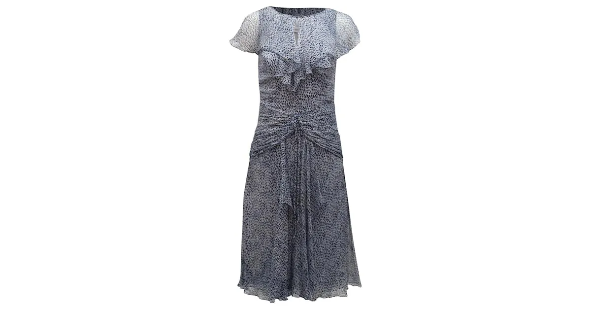 Vestido Midi Estampado Carolina Herrera en Seda Celeste Azul Azul claro 