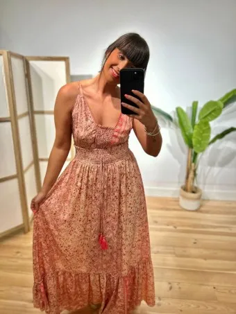 Vestido Nido de Abeja Estampado SYAHARA Beige