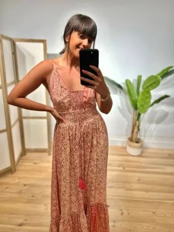 Vestido Nido de Abeja Estampado SYAHARA Beige