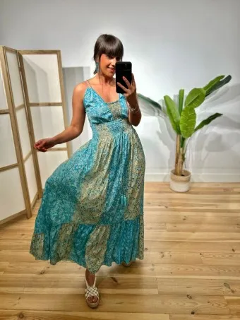 Vestido Nido de Abeja Estampado SYAHARA Turquesa