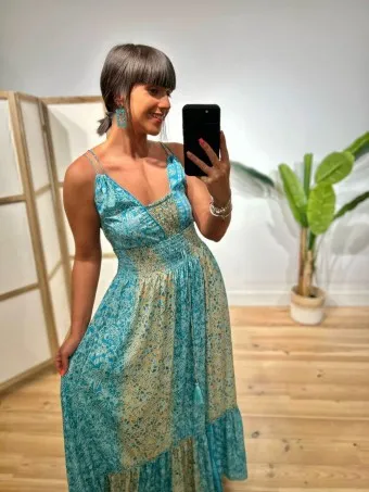Vestido Nido de Abeja Estampado SYAHARA Turquesa