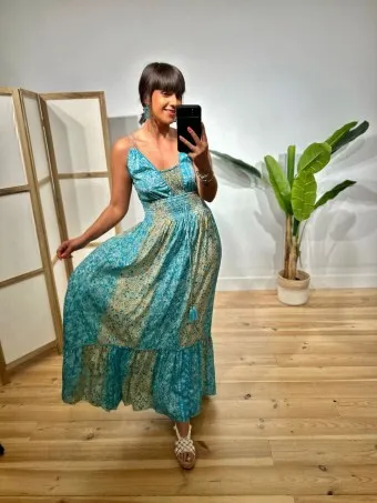 Vestido Nido de Abeja Estampado SYAHARA Turquesa