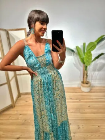 Vestido Nido de Abeja Estampado SYAHARA Turquesa