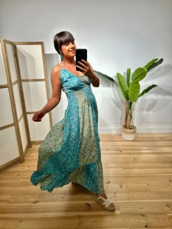 Vestido Nido de Abeja Estampado SYAHARA Turquesa