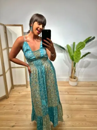 Vestido Nido de Abeja Estampado SYAHARA Turquesa