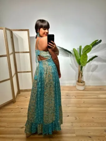 Vestido Nido de Abeja Estampado SYAHARA Turquesa